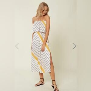 O'Neill Koi Yellow Stripe Strapless Ruffle Flounce Bodice Midi Dress Medium